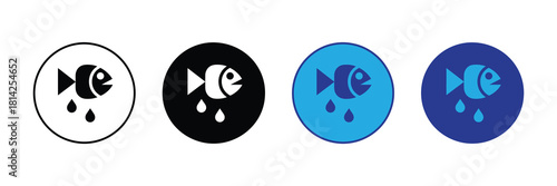 Four stylized fish icons with dripping water, in circle frames: outline, solid black, light blue, dark blue, representing aquatic life, wetness, and icons. isolated on white background