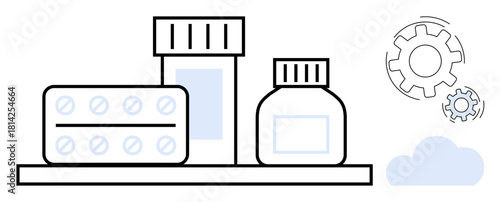 Pills, bottles, and gears representing pharmaceutical production, innovation, and technology. Ideal for healthcare, medicine, pharmacy, drug development science technology and innovation themes
