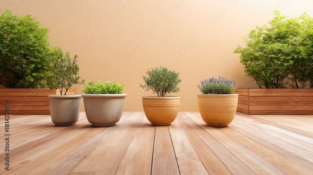 Fototapeta premium Four Stylish Planters with Fresh Herbs and Greenery on a Wooden Deck Against a Soft Orange Wall