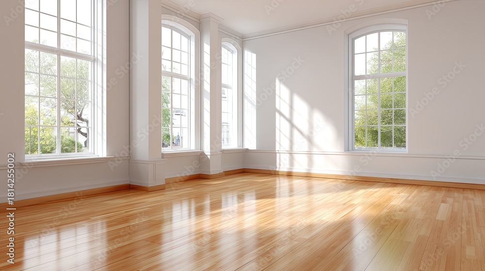 Fototapeta premium Bright and Spacious Empty Room with Large Windows and Natural Light Filling the Interior Space on a Beautiful Day