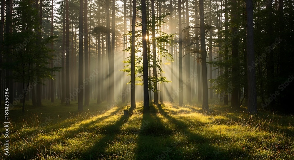 Fototapeta premium Sunlight beams through misty forest trees