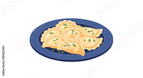 Plate of delicious pierogi garnished with chopped chives on a white background.