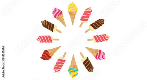 Circle of colorful ice cream cones and popsicles arranged on a white background.