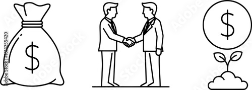 Financial growth, business deal, money bag, investment line art. Vector