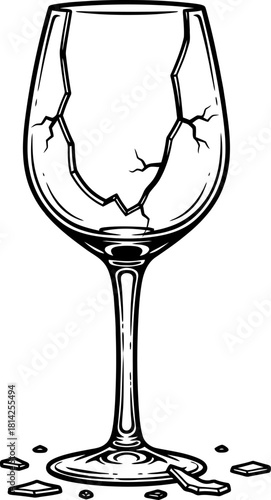 Broken elegant wine glass with cracks and shattered pieces. Vector