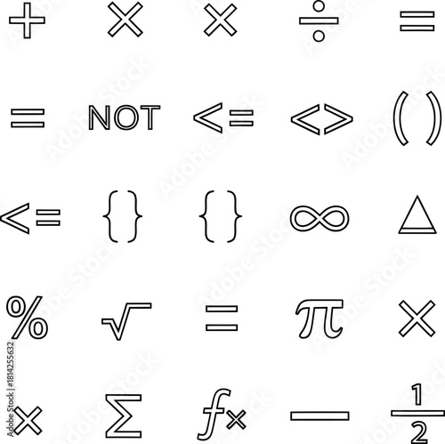 Common mathematical and logical symbols outline grid icon set Vector