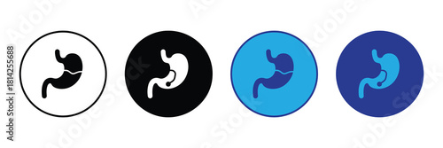 Set of stomach icons illustrating digestive system health, medical symbols, and gastrointestinal anatomy in different color variations on white backgrounds isolated on white background