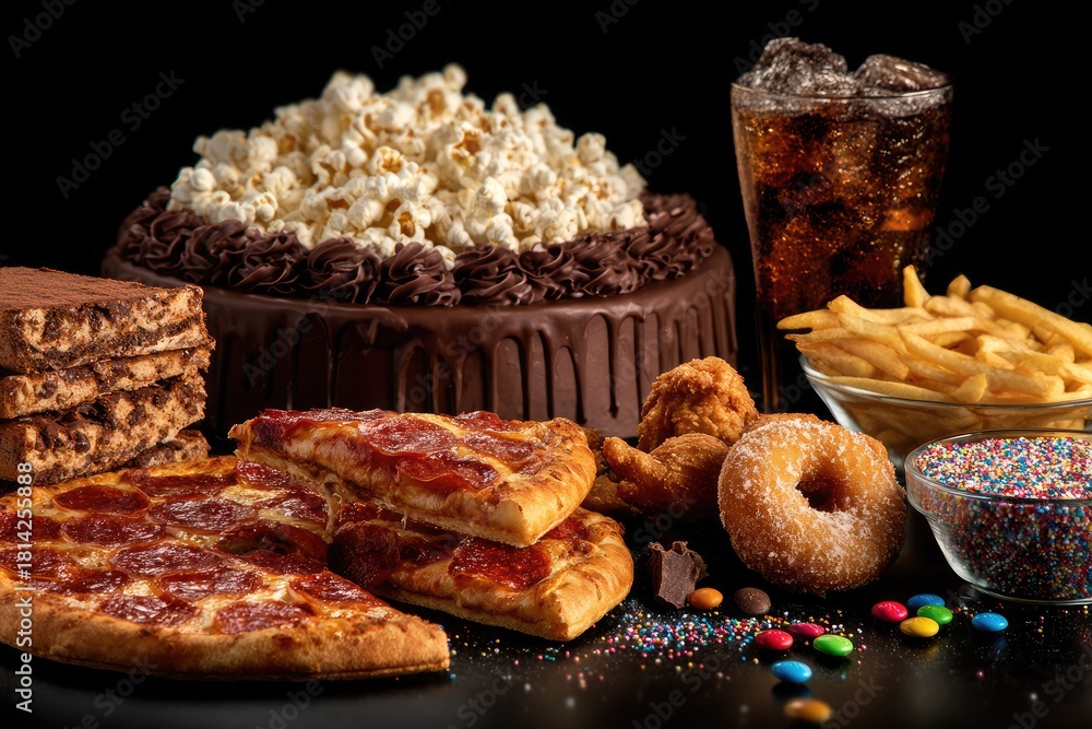 Fototapeta premium An enticing display of various popular fast foods, sweet desserts, and sugary drinks, dark background