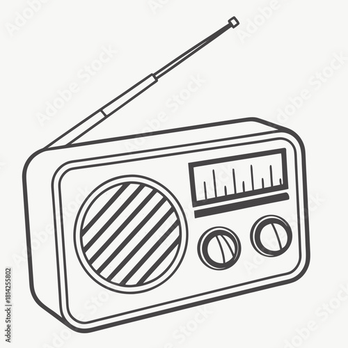 Hand drawn black and white outline of a portable radio vintage retro