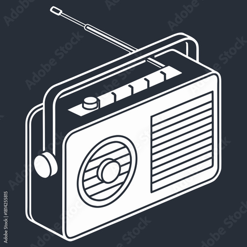 Isometric outline of a vintage portable radio with antenna retro