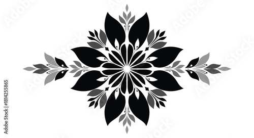 Symmetrical black and grey floral ornament with sharp petals and leaf accents.