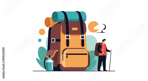 A stylized illustration of a hiker with a large backpack and a water bottle prepares for an outdoor adventure.