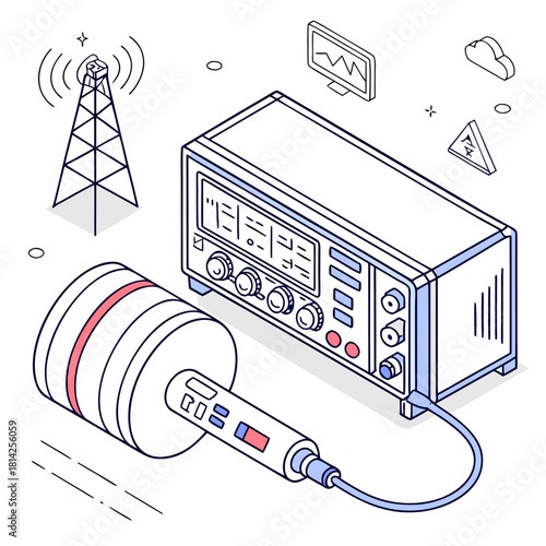 Isometric setup of radio communication equipment with tower and microphone technology