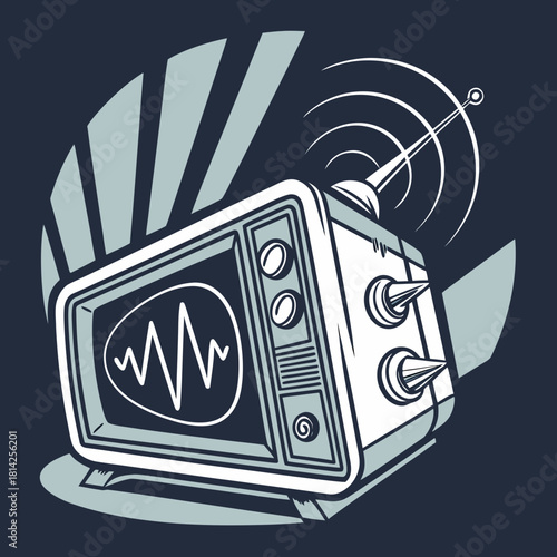 Stylized Retro Television with Antenna and Sound Waves vintage broadcast