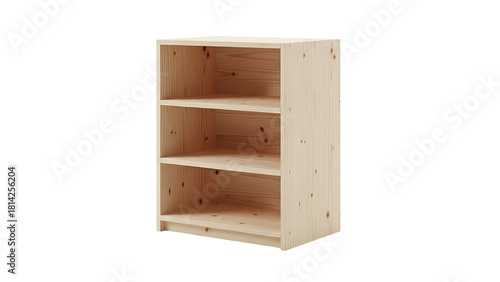 A simple, unfinished wooden bookcase with three shelves against a black backdrop