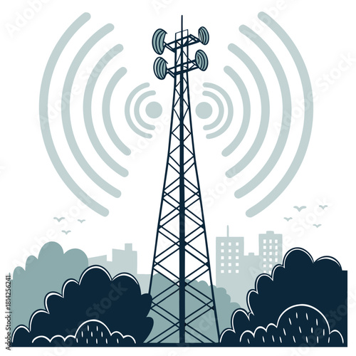 Cell tower broadcasting signals over a city with stylized trees and birds communication
