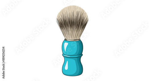 A blue shaving brush with a fan of light brown and dark brown bristles on a white background.