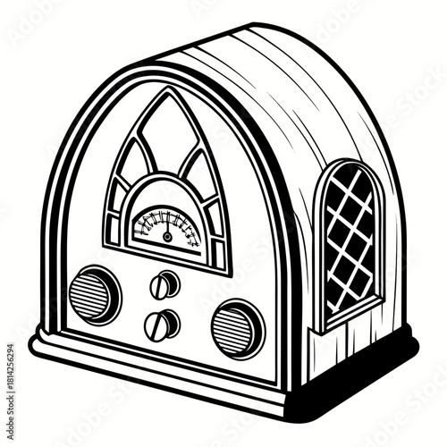 Old-fashioned radio with dial and speaker in black and white drawing vintage retro