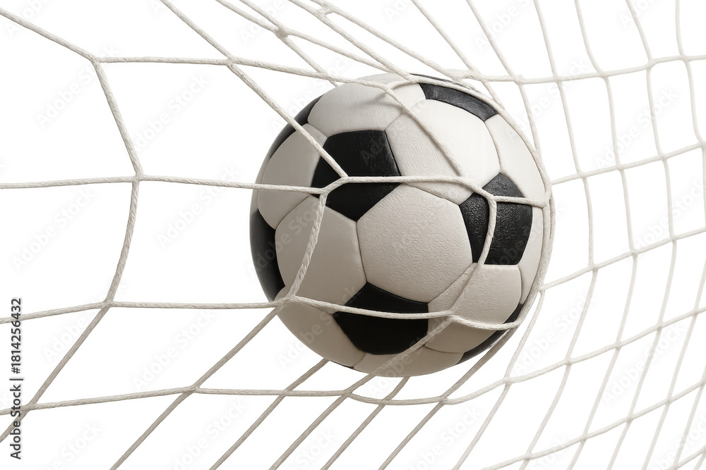 Naklejka premium Soccer ball hitting goal net, scoring winning goal during an important championship game, isolated on transparent background