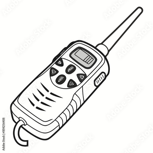 Handheld walkie-talkie with antenna and buttons on a white background Keywords: walkie-talkie