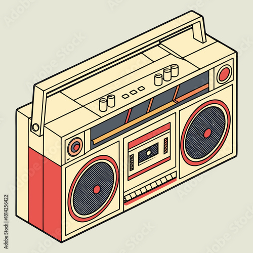 Cream and Red 1980s Boombox with Dual Speakers and Cassette Deck retro boombox vintage boombox