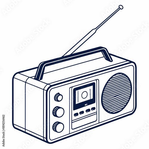 Outline illustration of a portable radio with antenna and controls Keywords: radio, portable