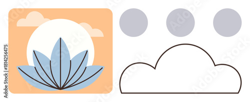 Blue lotus petals with circular backdrop and soft clouds, complemented by simple geometric shapes. Ideal for well-being, mindfulness, meditation, balance, simplicity, minimalism zen. A simple flat
