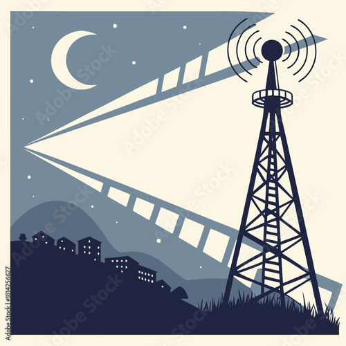 Radio tower broadcasting at night over a silhouetted town transmission tower communication