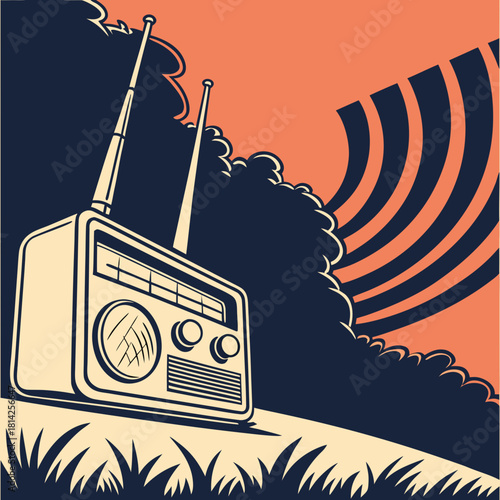 Vintage radio with antennas on grass against stylized sky retro radio portable radio