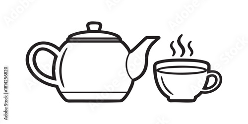 Teapot and cup with herbal tea line icon, japanese food concept. Vector graphics. Tea cup and pot, beverage sign on white background, style icon mobile or web design.