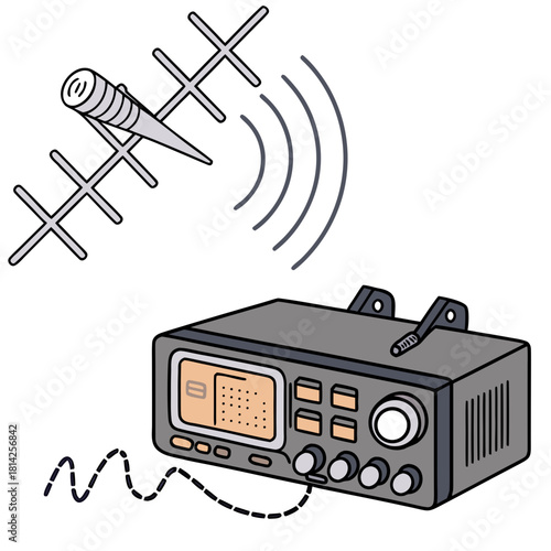 Vintage radio transmitter with directional antenna sending signals communication