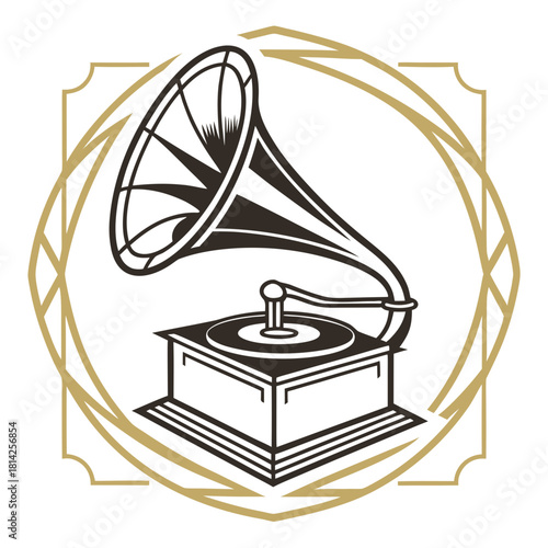 Vintage Gramophone Emblem With Art Deco Frame radio style