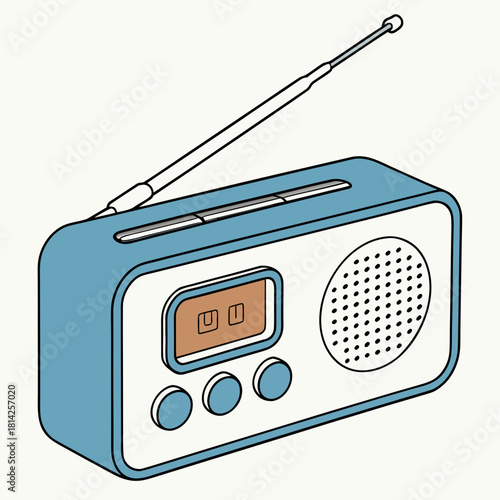 Blue and White Portable Radio with Antenna and Digital Display Keywords: radio, portable, retro