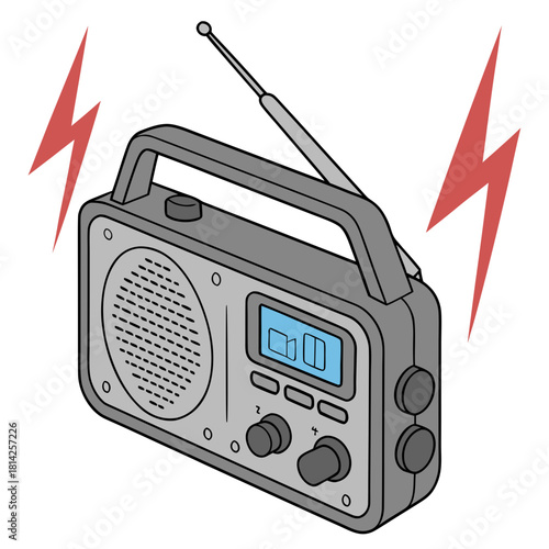 Gray Portable Radio with Antenna and Sound Waves Keywords: radio, portable, audio, sound, music