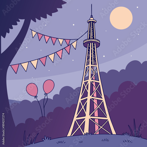 Night Scene with Tower, Balloons, and Bunting Flags Keywords: night, tower, broadcast tower