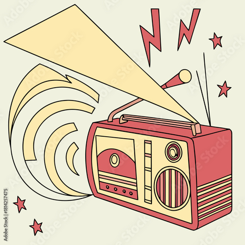 Vintage Radio Emitting Sound Waves and Lightning Bolts retro radio broadcast