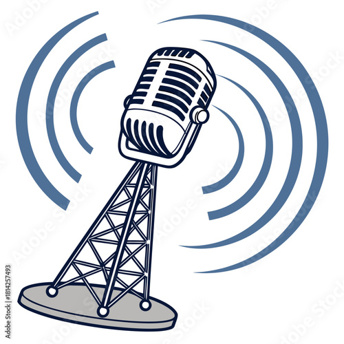 Vintage Microphone on Tower with Radio Waves radio tower broadcast