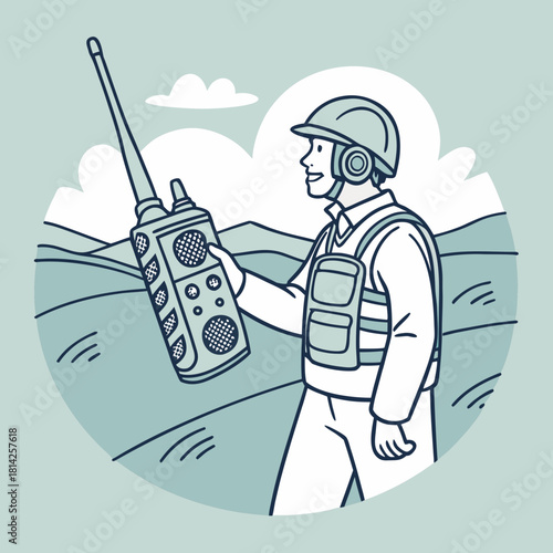 Man in Vest and Helmet Holding Walkie Talkie in Landscape radio communication