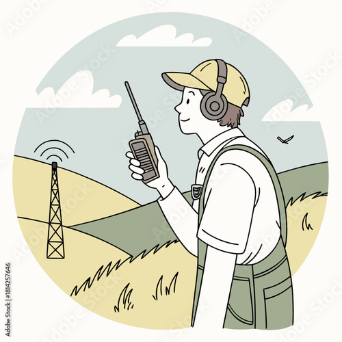 Person in overalls and headphones holding a walkie-talkie in a rural landscape radio