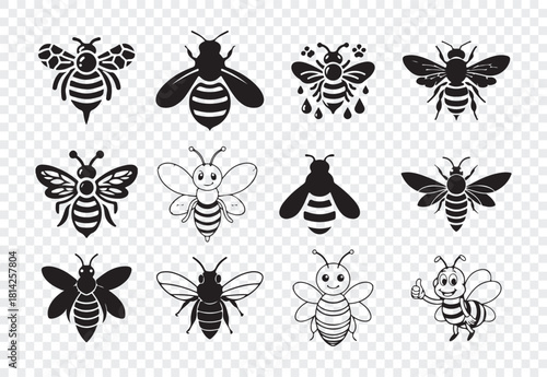 Set of various bee icons and silhouettes in black and white styles isolated on transparent