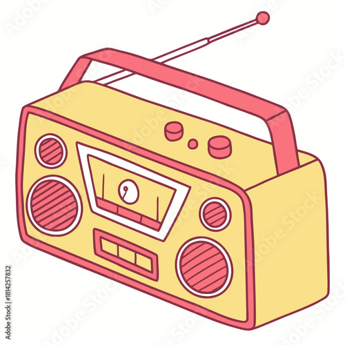 Yellow and Pink Retro Boombox with Antenna and Tuning Dial cassette player vintage