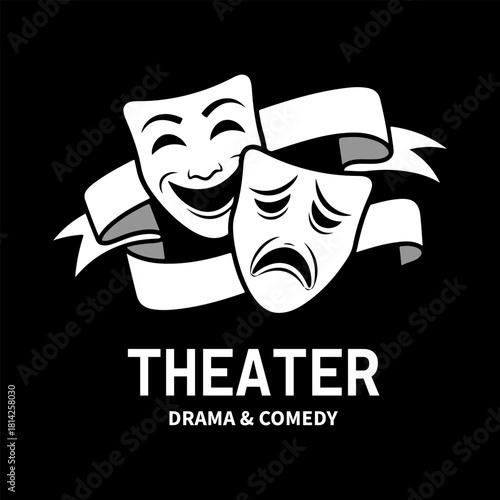 Theater logo with happy and sad masks on a ribbon banner on a black background with text below it