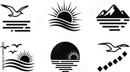 Sunrise and sunset black silhouette icon set, vector collection of sun over sea, waves, seagull, and mountain symbols for travel, nature, and holiday graphics