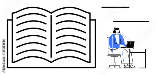 Online learning concept. Open book knowledge, while a figure at a desk using a laptop s remote education. Online learning for schools, training, skill development, e-learning platforms, digital