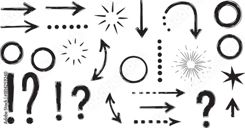 Hand drawn doodle arrows circles and question marks.