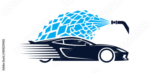 A car being washed with water spraying from a hose in a stylized design on a white background