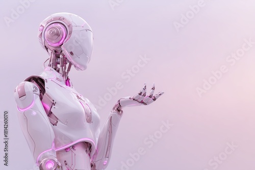 Elegant Feminine Humanoid Robot with Pink Neon Accents and Open Hand Gesture