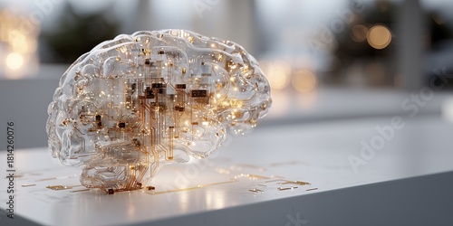 Futuristic Human Brain Made of Transparent Glass and Glowing Electronic Circuits on Table