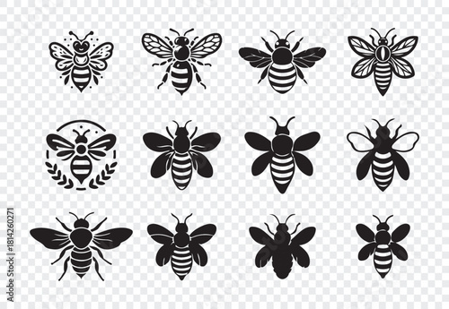 Solid black and abstract bee icons set, insect collection, various honey bee character poses for print