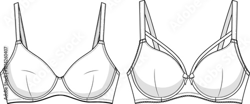 Technical vector drawing of multi-strap women's bra, fashion flat sketch, decorative lingerie CAD illustration template.